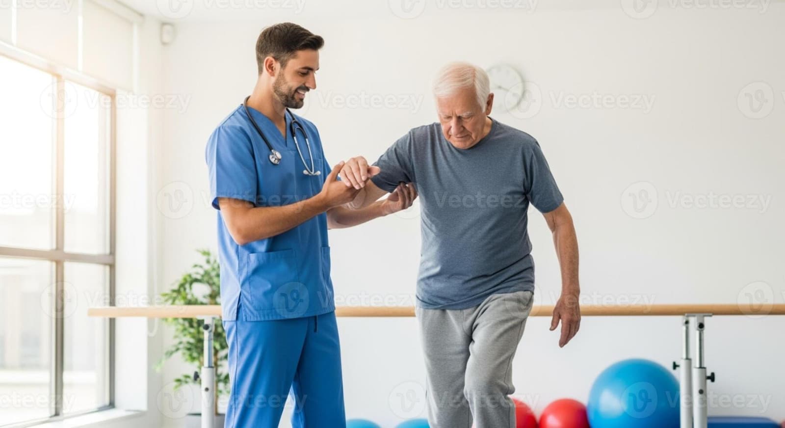 Idosa praticando exercício de equilíbrio com supervisão